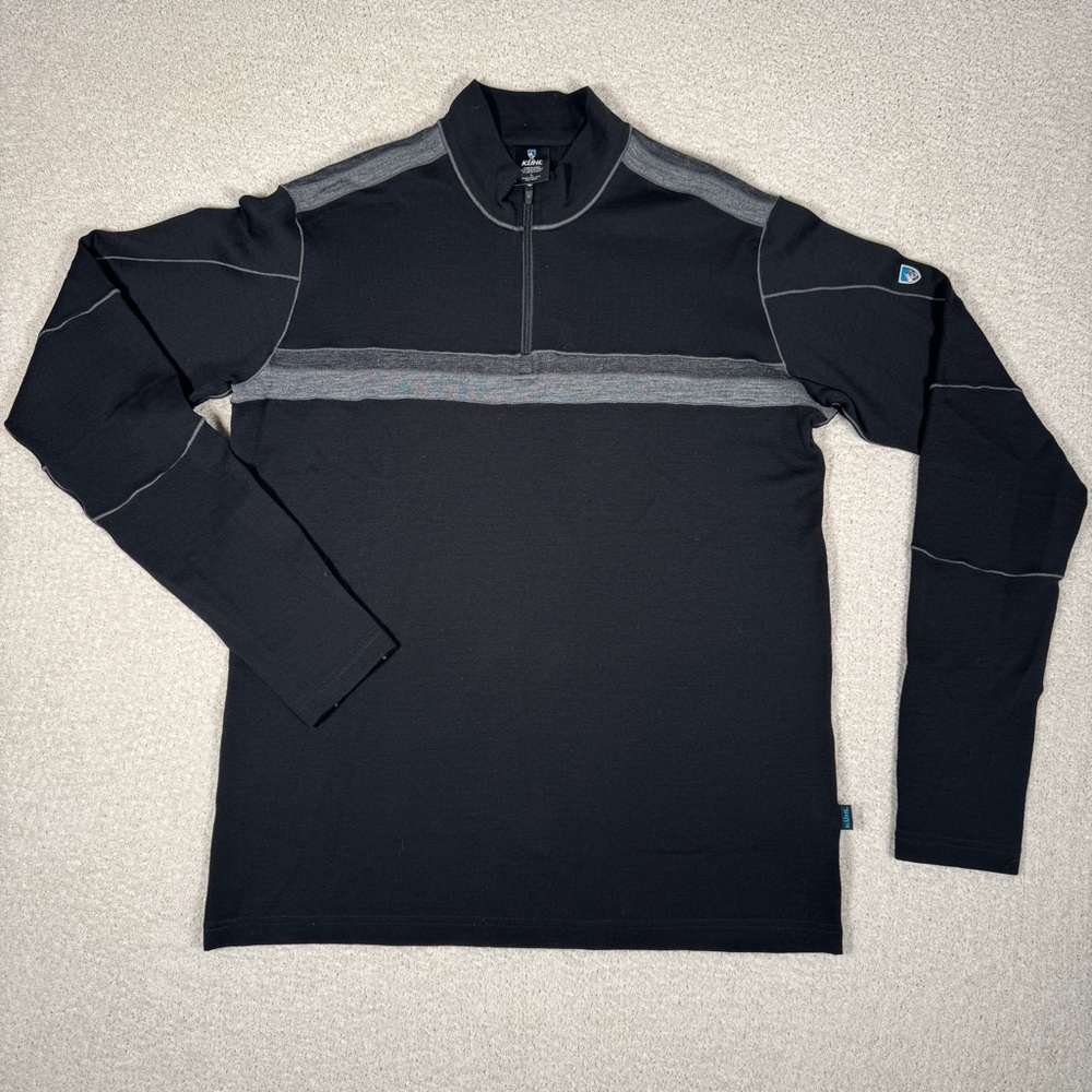 Kuhl Sweater Mens Large Black Merino Wool Downhill Racr 1/4 Zip Outdoor Pullover